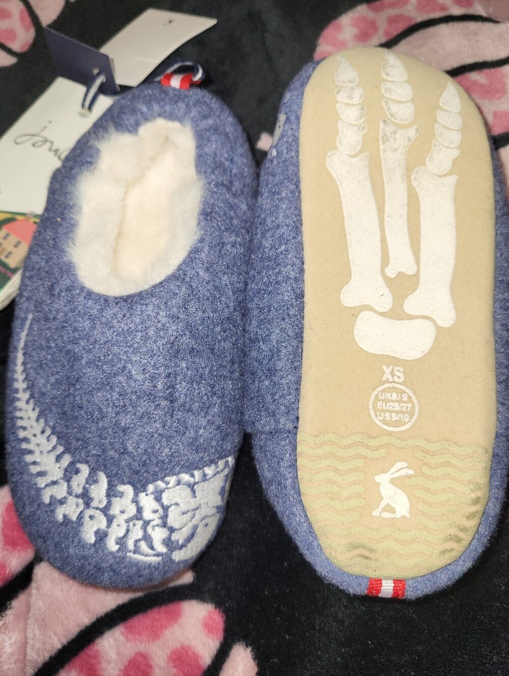 Joules Navy Blue Dino Footie Slippers with Cream Plush Lining - Picture 4 of 4